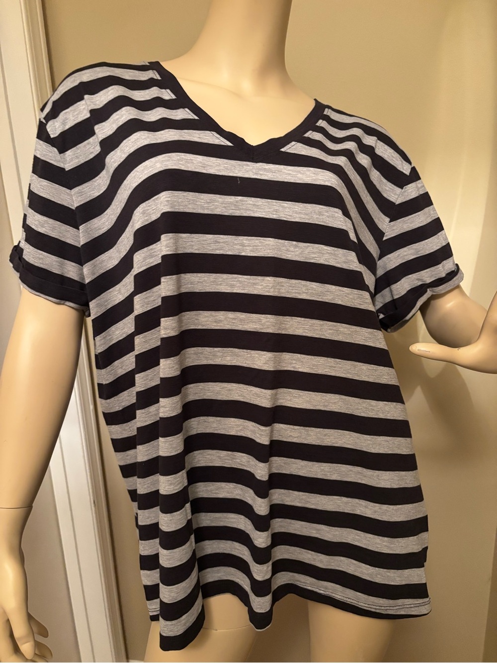 Love & Legend Black and Gray Striped V-Neck Tee